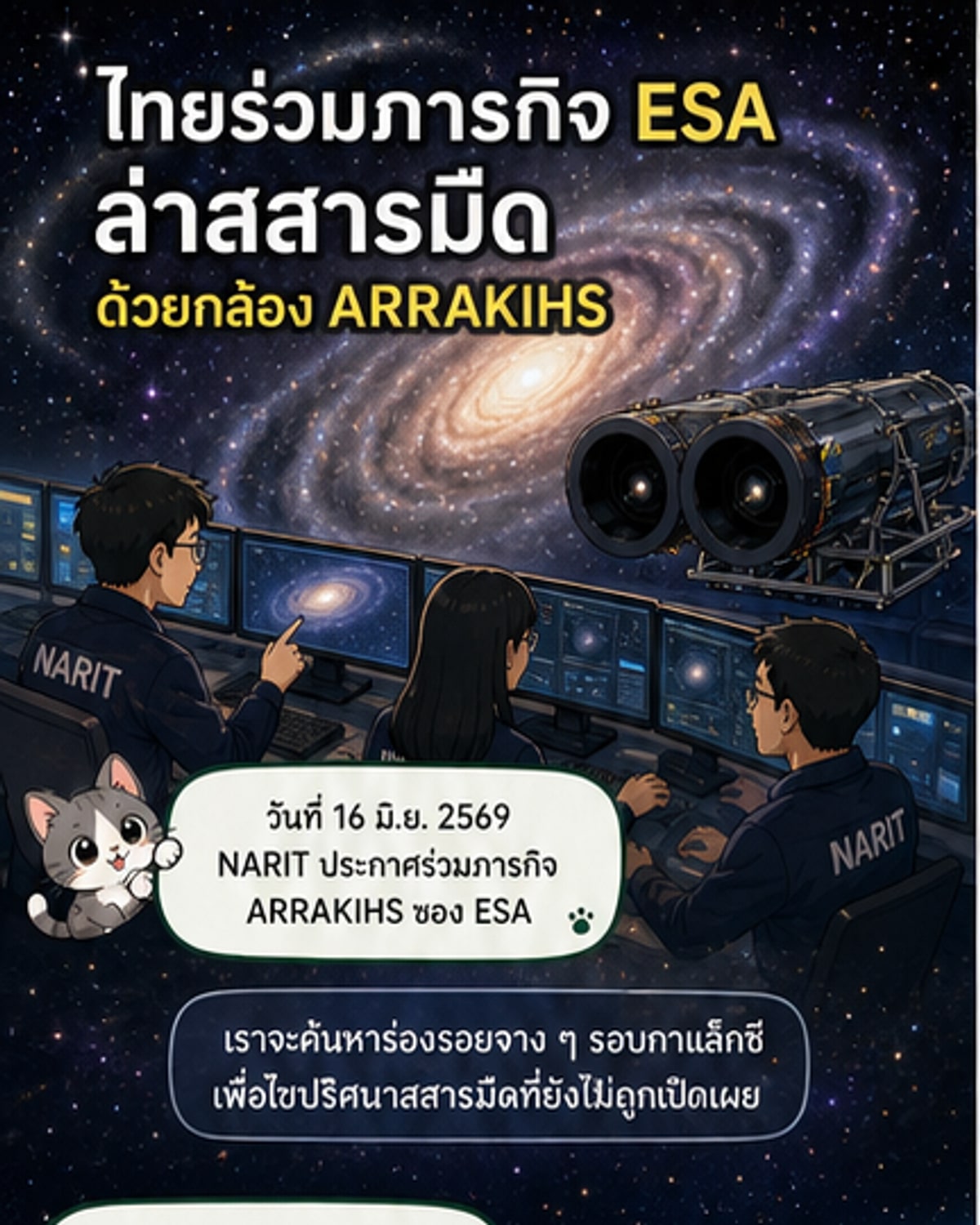 ภาพจำลองการสังเกตการณ์กาแล็กซีด้วยกล้องโทรทรรศน์ ARRAKIHS พร้อมซูเปอร์คอมพิวเตอร์ CHALAWAN ของไทยที่ช่วยประมวลผลข้อมูล