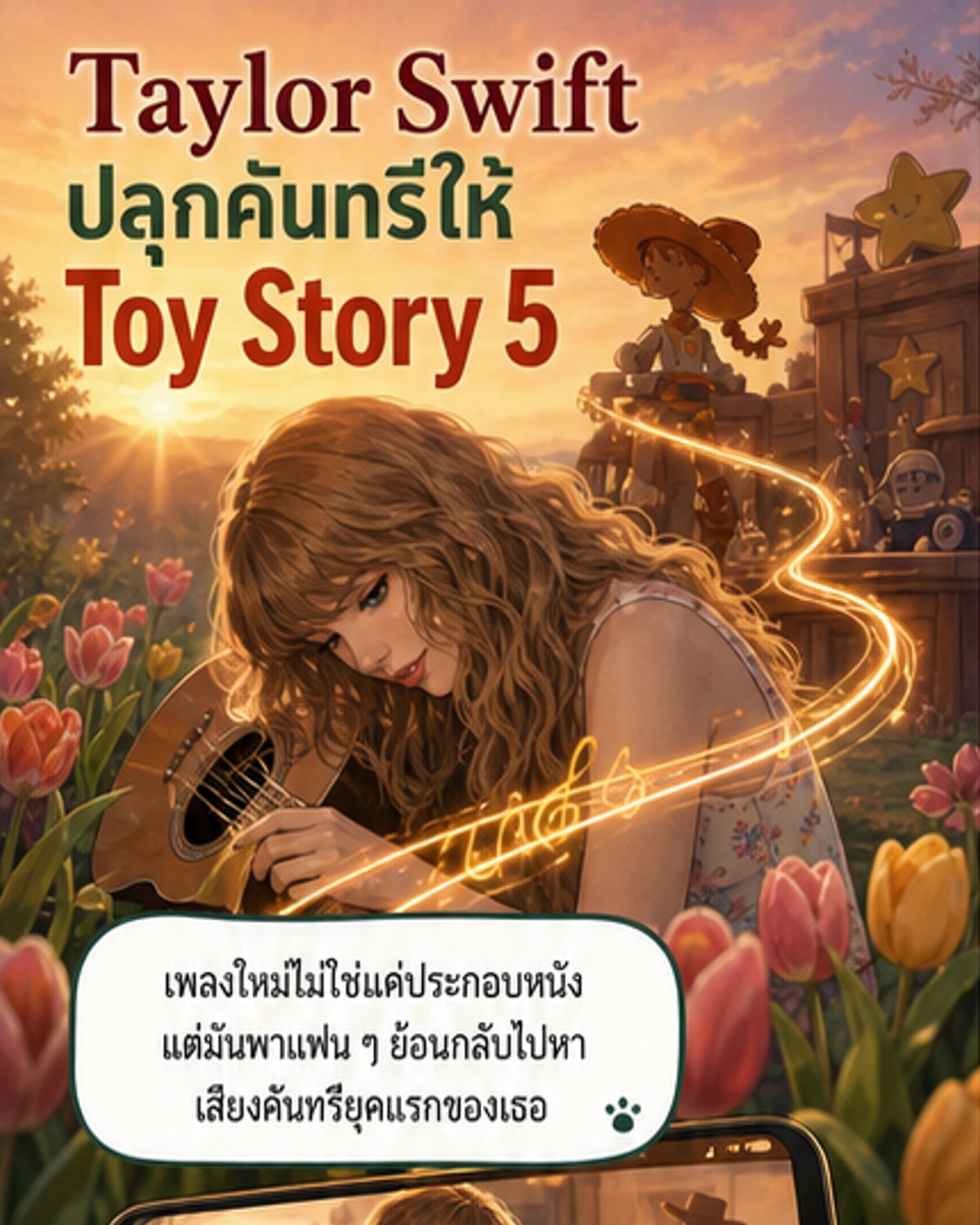 ภาพประกอบเว็บตูนข่าว: เทย์เลอร์ สวิฟต์ ยืนอยู่หน้าฉากแอนิเมชันของ Toy Story 5 พร้อมกีตาร์คันหนึ่ง ด้านหลังคือตัวละครเจสซี่และฉากเมืองตะวันตก