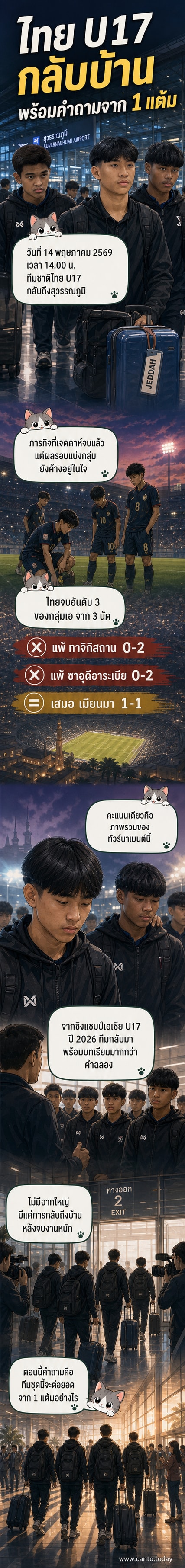 นักเตะทีมชาติไทย U17 ยืนรวมตัวกันที่ท่าอากาศยานสุวรรณภูมิหลังเดินทางกลับจากซาอุดีอาระเบีย หลังจบการแข่งขัน AFC U17 Asian Cup 2026