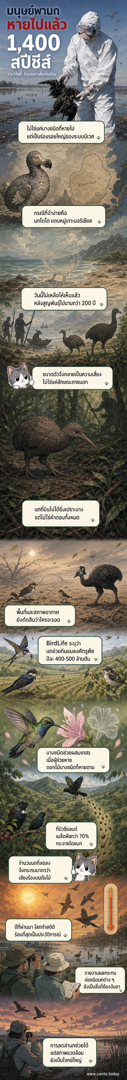 ภาพนกโดโดยืนอยู่บนเกาะมอริเชียสในอดีต ล้อมรอบด้วยธรรมชาติ ขณะที่เงาของมนุษย์และสัตว์ต่างถิ่งคืบคลานเข้ามา แสดงถึงการสูญพันธุ์จากกิจกรรมมนุษย์