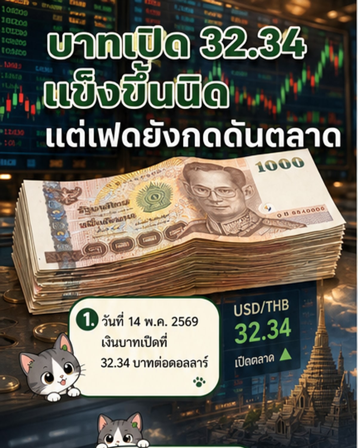บาทแข็งค่าเล็กน้อยที่ 32.34 ต่อดอลลาร์