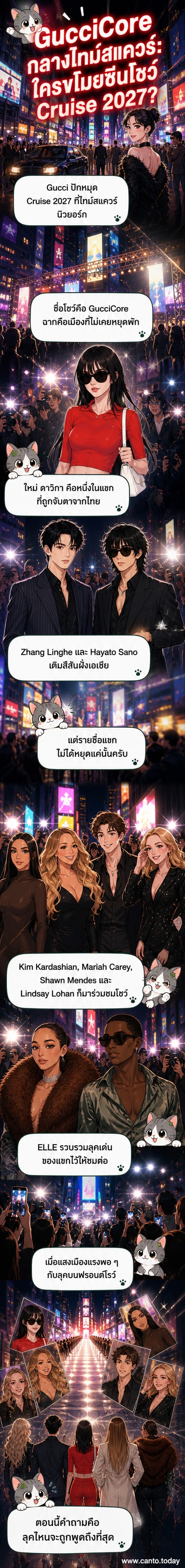 เหล่าคนดังเดินพรมแดงในงาน Gucci Cruise 2027 ที่ไทม์สแควร์ นิวยอร์ก ท่ามกลางแสงสีและป้ายโฆษณาเรืองรอง
