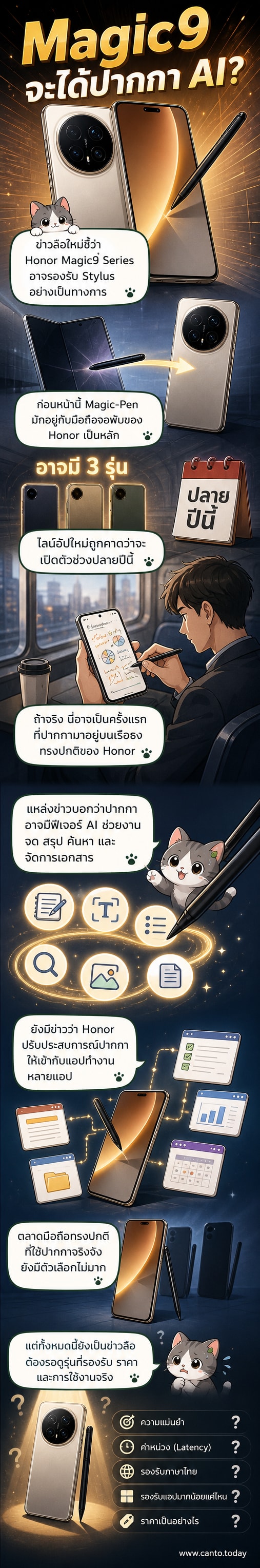 ภาพประกอบข่าวลือมือถือ Honor Magic9 Series ที่อาจรองรับปากกา Stylus พร้อมฟีเจอร์ AI
