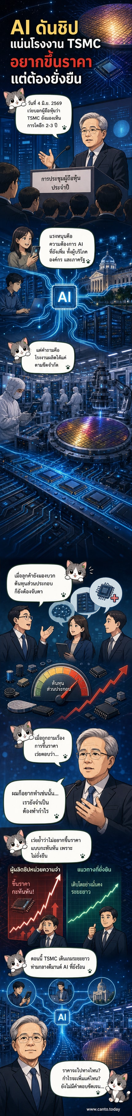 ภาพประกอบซีอีโอ TSMC ยืนยันทิศทางธุรกิจในงานประชุมผู้ถือหุ้น พร้อมกราฟิกแสดงแนวโน้มความต้องการชิป AI ที่เพิ่มสูงขึ้น
