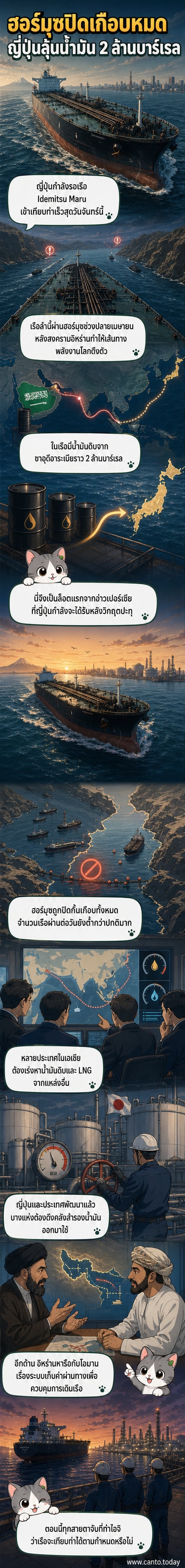 เรือบรรทุกน้ำมัน Idemitsu Maru แล่นผ่านช่องแคบฮอร์มุซ ท่ามกลางเรือรบและเครื่องบินรบ ด้านหลังเป็นภูมิประเทศตะวันออกกลาง