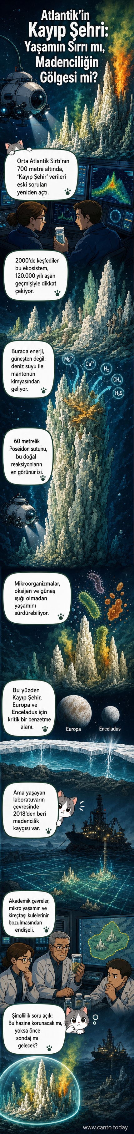 Okyanus dibindeki kireçtaşı sütunlarından oluşan 'Kayıp Şehir' ekosistemi, Poseidon monoliti ve hidrotermal akıntılarla birlikte sanatsal olarak betimlenmiştir.