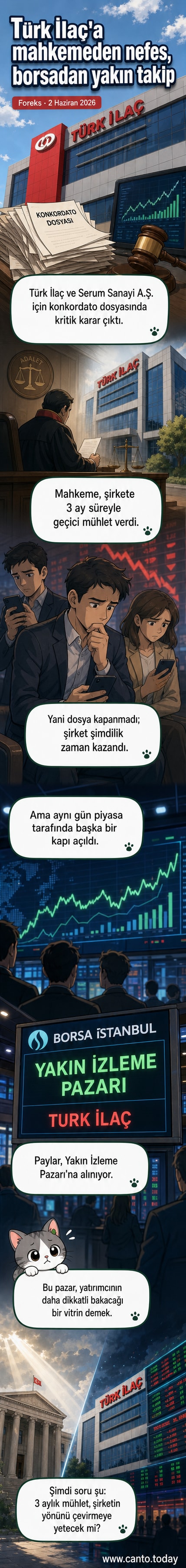 Türk İlaç binası önünde bir çalışan, elinde geçici mühlet haberiyle borsa ekranına doğru yürüyor.