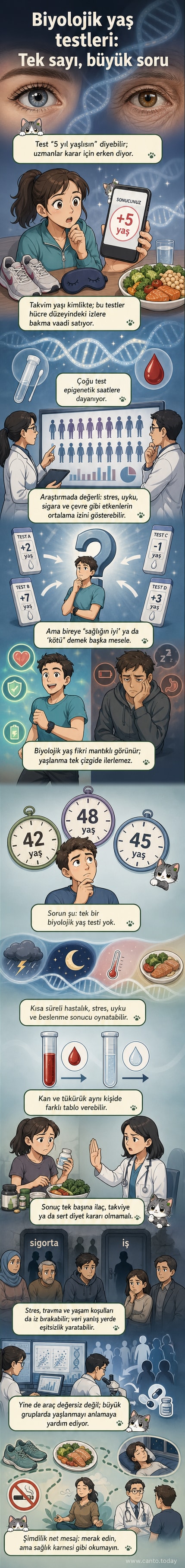 Bir elde test kiti tutarken, diğer eliyle bir saat kadranına dokunan bir kişi. Saat, takvim yaşını gösterirken, DNA sarmalı üzerinde epigenetik değişimler görülüyor.