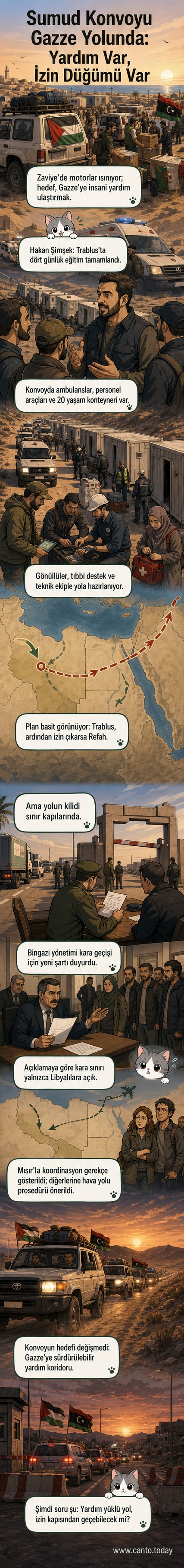 Bir yardım konvoyu, Libya'dan Gazze'ye doğru yola çıkıyor. Araçlarda ambulanslar ve konteynerler görülüyor.