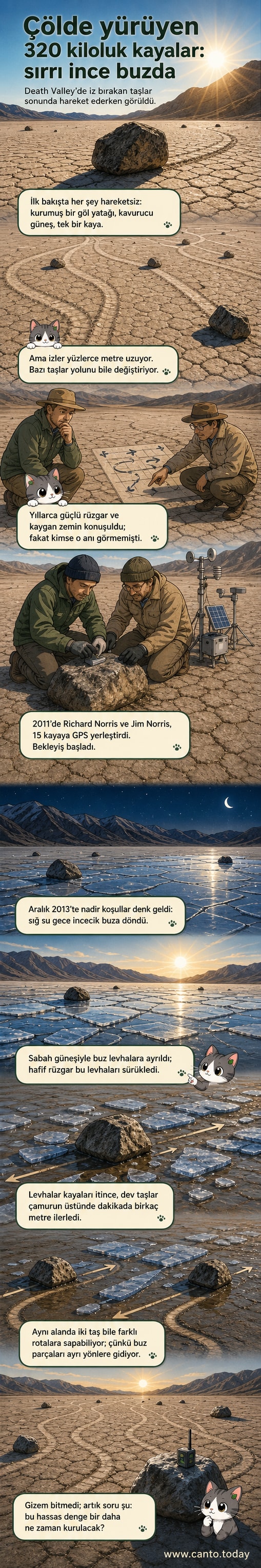 Death Valley'de ince buz tabakasının üzerinde hafif rüzgarla sürüklenebilen dev kayalar ve arkalarında bıraktıkları uzun izler.