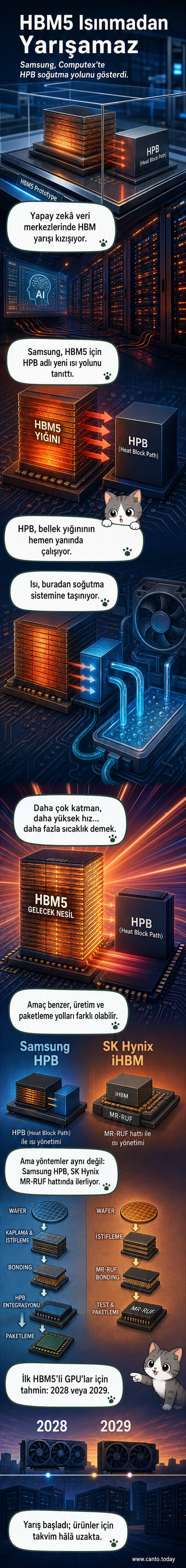 Samsung'un HBM5 bellekleri için geliştirdiği HPB soğutma teknolojisiyle donatılmış bir bellek yığını şeması.