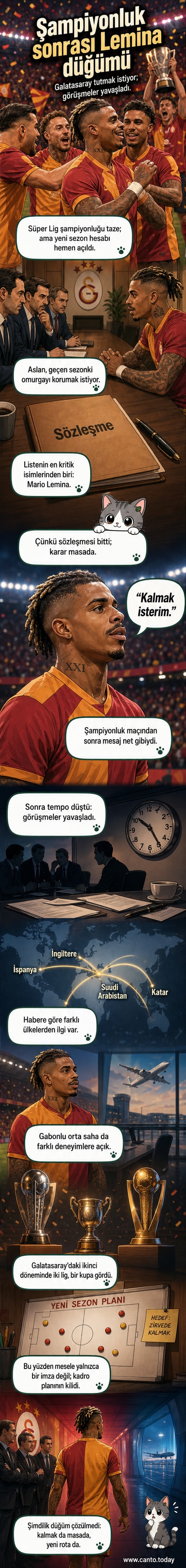 Galatasaray forması giyen Mario Lemina, sahada top kontrolü yaparken, arka planda taraftarlar ve kulüp logosu görünüyor.