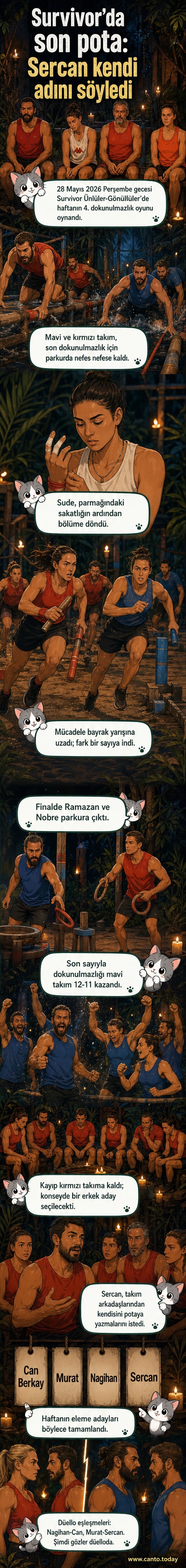 Survivor 2026'da mavi ve kırmızı takım yarışmacıları dokunulmazlık oyunu için parkurda mücadele ediyor, arka planda ada konseyi sahnesi görülüyor.