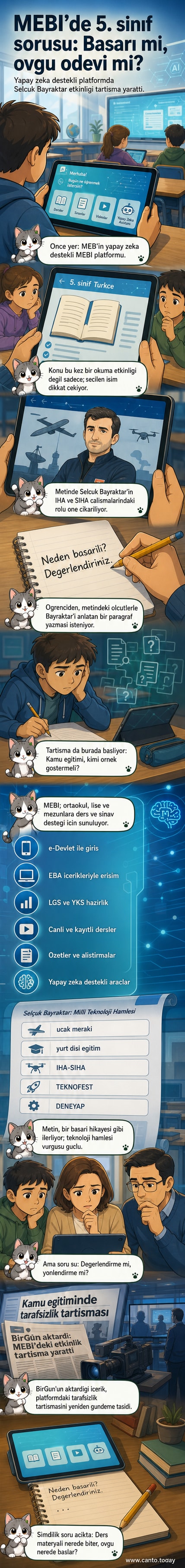 MEB'in yapay zekâ destekli MEBİ platformunda Selçuk Bayraktar'ın hikayesini anlatan bir eğitim ekranı, 5. sınıf öğrencilerine yönelik bir etkinlik içeriyor.