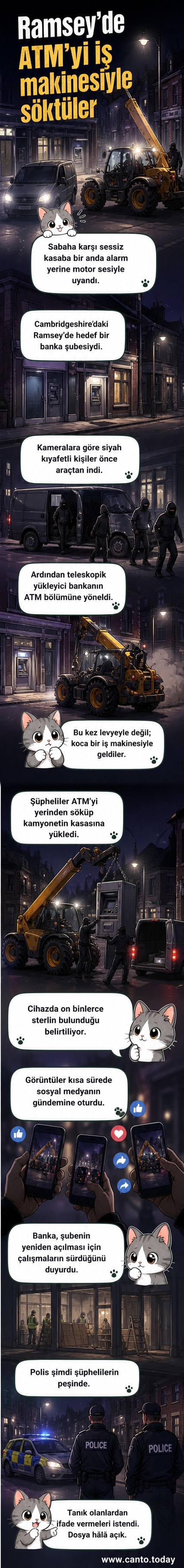 Bir iş makinesi, bir banka binasının dışındaki ATM'yi yerinden söküyor. Siyah kıyafetli kişiler araçtan iniyor.