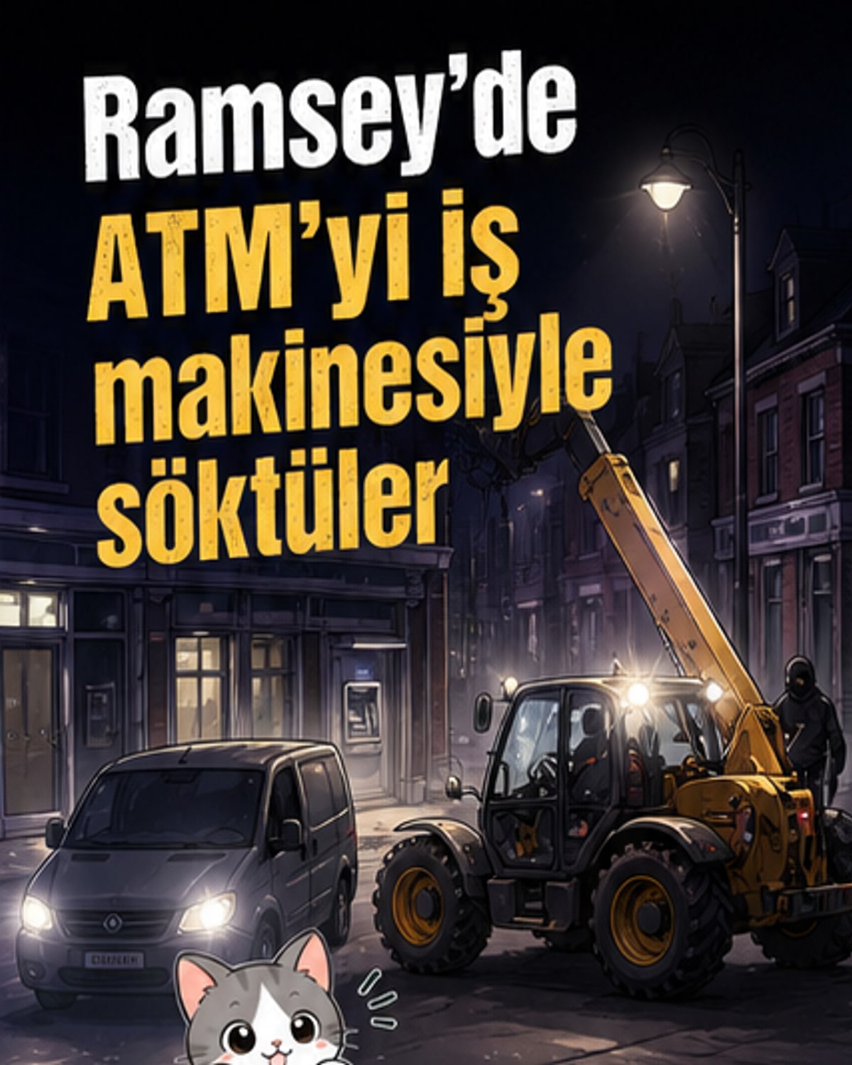 Bir iş makinesi, bir banka binasının dışındaki ATM'yi yerinden söküyor. Siyah kıyafetli kişiler araçtan iniyor.