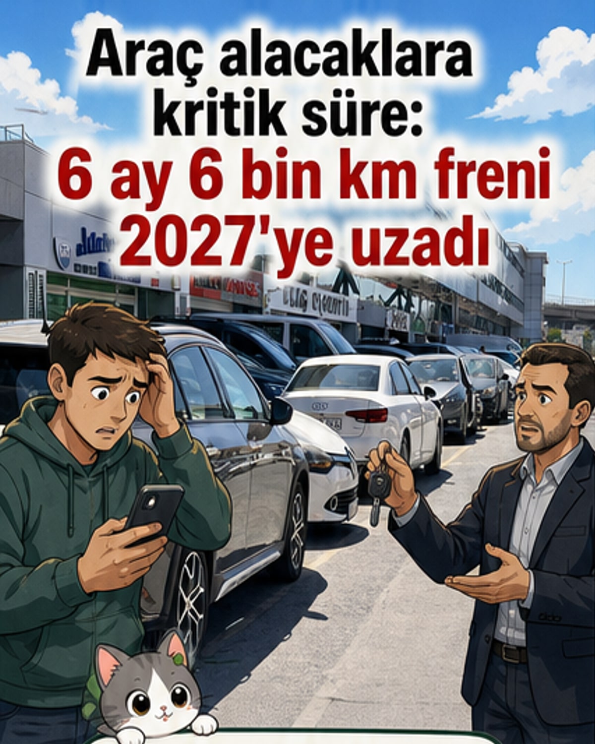 Bir el arabası ve bir otomobil arasında dengede duran bir terazi, piyasa dengesi ve tüketici koruması temasını yansıtır.