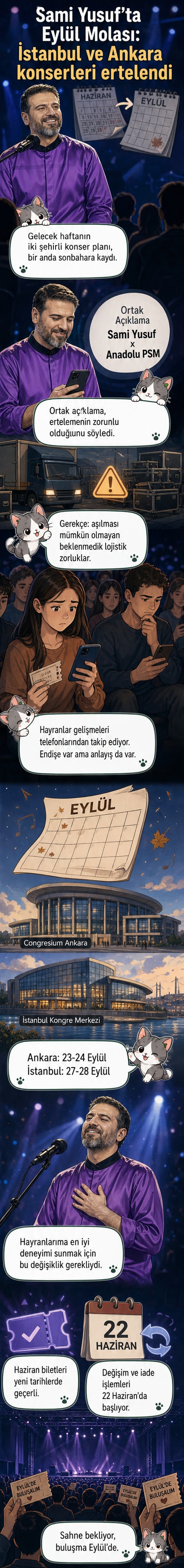Sami Yusuf'un Türkiye konserlerinin ertelendiğini duyuran bir webtoon haber paneli