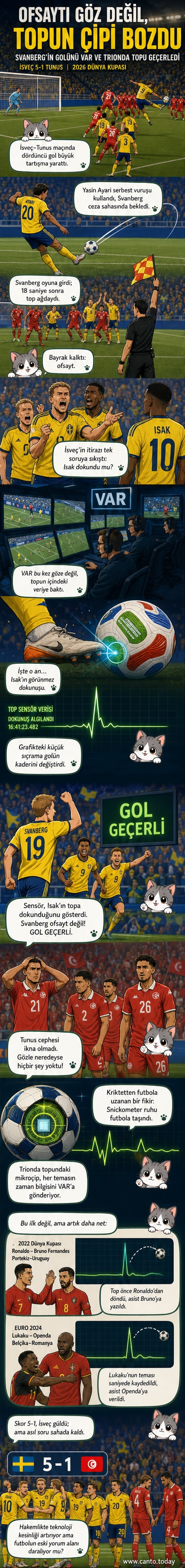 Bir futbol sahasında, topun içindeki sensör verileriyle ofsayt pozisyonu yeniden değerlendiriliyor. Ekranda grafiksel olarak dokunuş anı gösteriliyor.