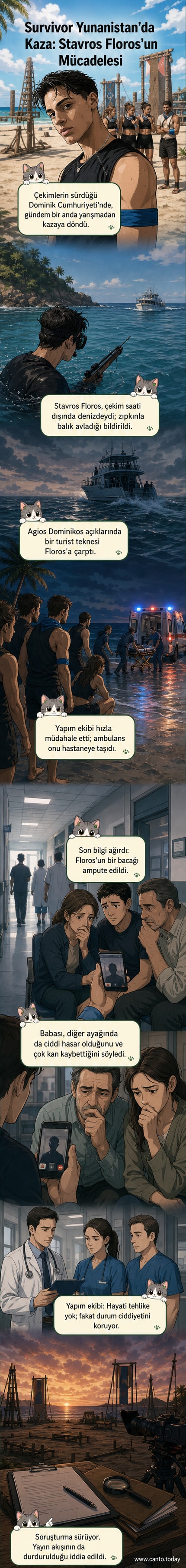 Stavros Floros'un Survivor çekimlerinde yaşadığı tekne kazasını anlatan görsel: deniz kenarında bir kaza anı, Floros zıpkınla suya dalmış, yaklaşan bir tekne görülüyor.