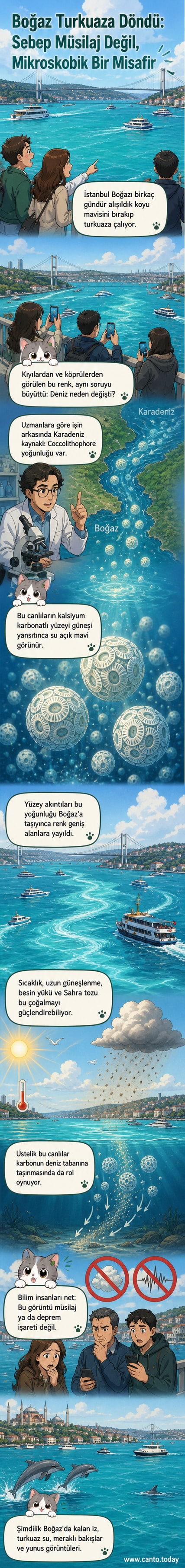 İstanbul Boğazı'nın turkuaz tonlarda göründüğü bir manzara, üstte Emiliania huxleyi mikroplanktonunun sanatsal bir temsiliyle birlikte.