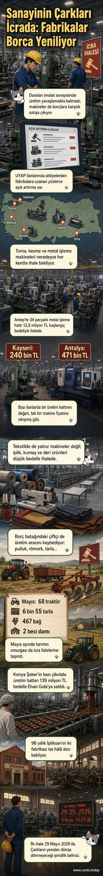 Bir fabrika sahasında duran ve elden çıkarılmak üzere ihaleye çıkan üretim makineleri, arka planda paslı torna tezgahları ve tekstil makineleri görünüyor.