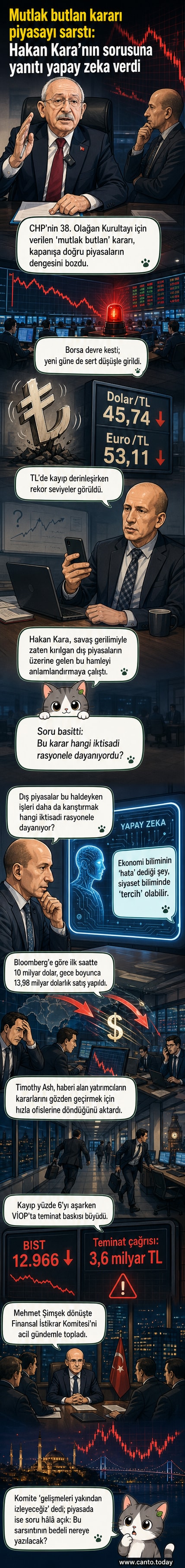 Bir grafik ekranında döviz kurlarının tırmandığı ve Borsa İstanbul'un çöktüğü bir sahne, ön planda ise Hakan Kara'nın bir yapay zeka arayüzüne baktığı bir karakter tasviri.