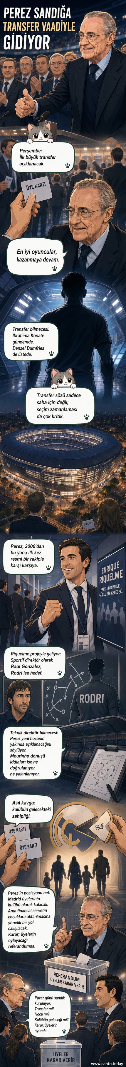 Real Madrid Başkanı Florentino Pérez, Santiago Bernabeu Stadyumu önünde mikrofonla açıklama yapıyor, arka planda takım forması giyen taraftarlar kalabalığı görülüyor.