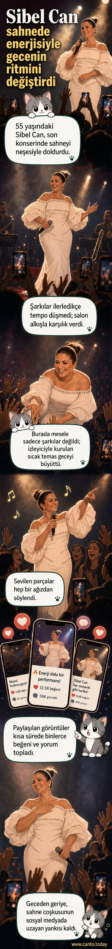 Sibel Can, sahnede dans ederken coşkulu bir konser veriyor, arkasında renkli ışıklar ve hayranlarla dolu bir salon görülüyor.
