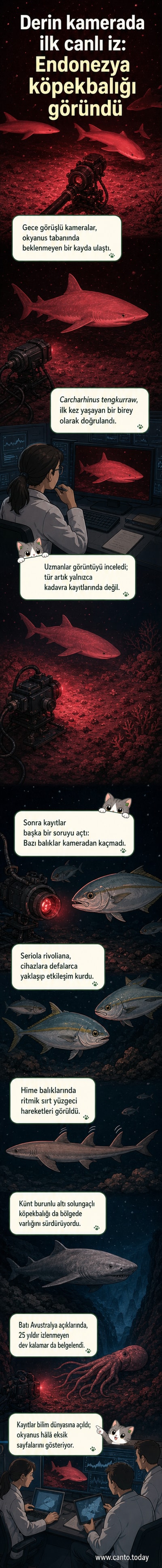 Karanlık bir deniz ortamında, Endonezya köpekbalığı ve dev kalamarın detaylı çizimleriyle oluşturulmuş görsel, arka planda denizaltı kameralar eşliğinde.