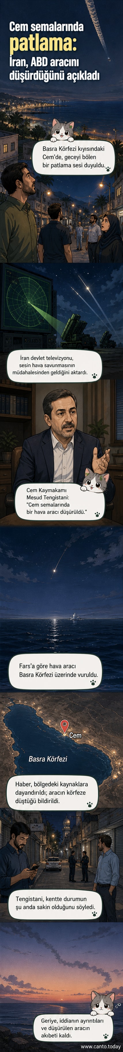 İran'ın Cem kentinde hava savunma sistemi tarafından düşürülen bir hava aracının patlama anı ve ardından denize düşüşü gösteren görsel.