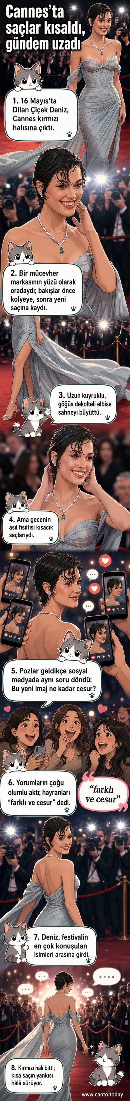 Dilan Çiçek Deniz, Cannes kırmızı halısında uzun kuyruklu elbise ve kısa saçlarla poz veriyor.