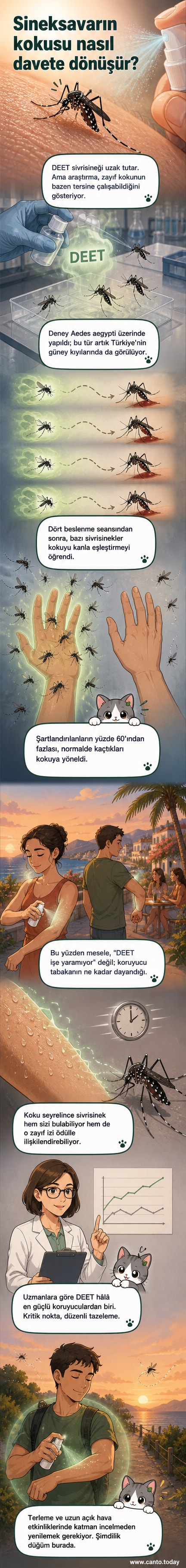 Laboratuvar ortamında bir deneyde, sivrisinekler DEET kokulu bir cihaza doğru uçuyor; arka planda kimyasal şişeleri ve bilimsel ekipmanlar var.