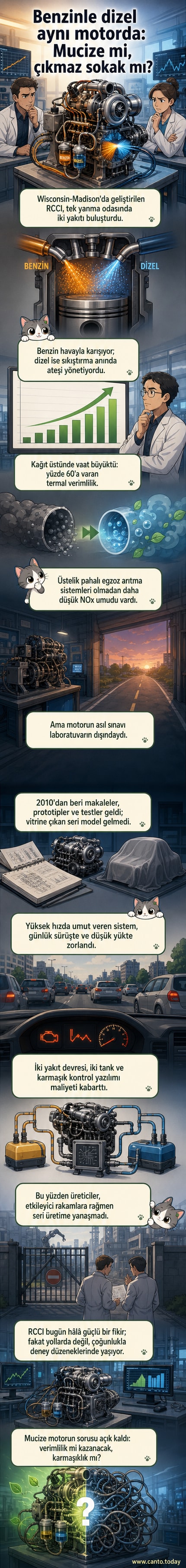 İki farklı yakıt hattı ve motor sistemiyle çalışan, benzin-dizel hibrit motorun şematik gösterimi