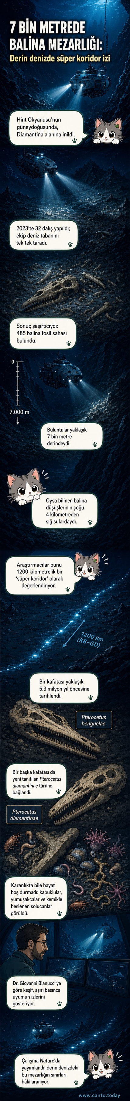Karanlık bir okyanus tabanında, bir balina cesedinin etrafında çeşitli derin deniz canlılarının toplandığı bilimsel illüstrasyon.