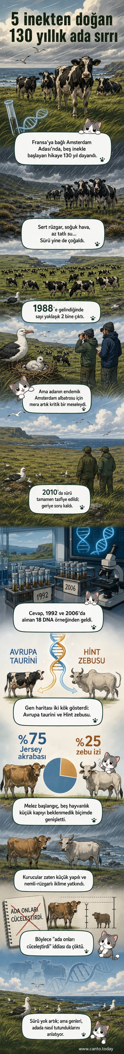 Amsterdam Adası'nda kayıtlara geçen vahşi sığır sürüsünün genetik analizini anlatan bir webtoon kapak paneli. Arka planda adanın sert iklimi ve sığırlar görülüyor.