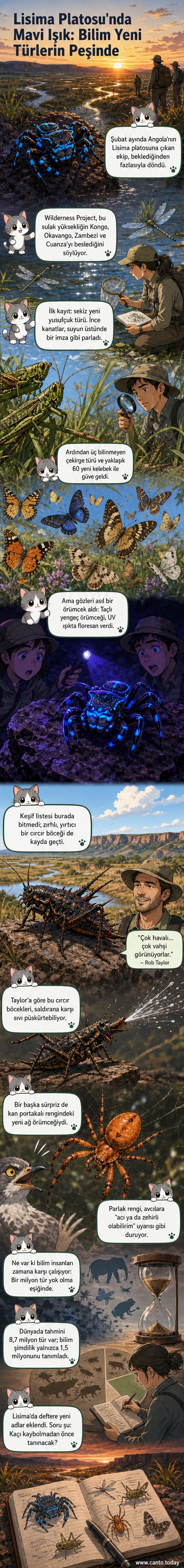 Ultraviyole ışıkta floresan ışık yayan küçük bir örümcek, etrafında parlak renklerle gösterilen diğer yeni keşfedilen türlerle birlikte.