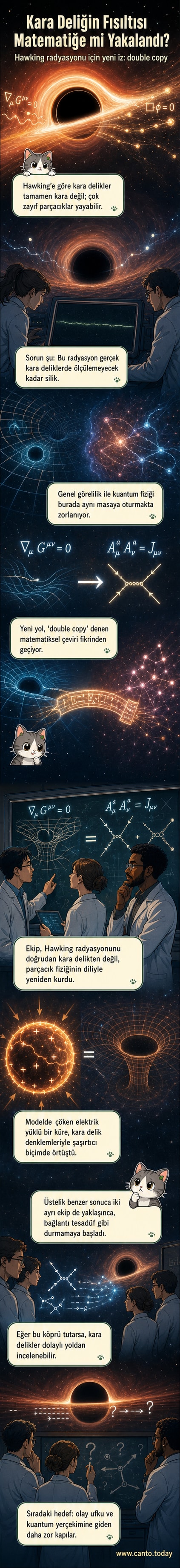 Soyut bir kara delik simülasyonu, ışık halkaları ve matematiksel denklemlerle çevriliyor.