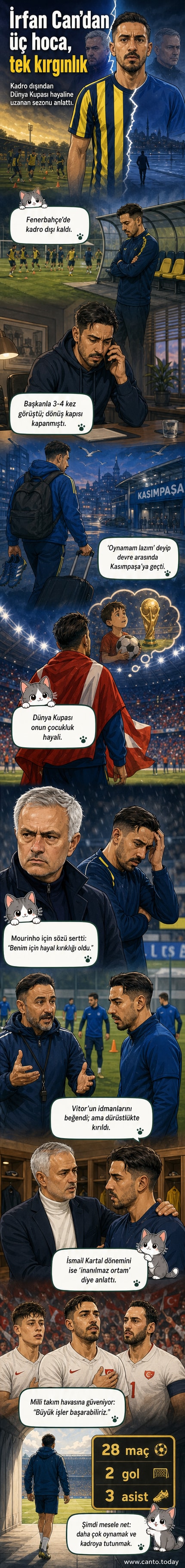 İrfan Can Kahveci, siyah beyaz formasıyla sahada top sürerken, arka planda Mourinho, Pereira ve Kartal'ın siluetleri yer alıyor.
