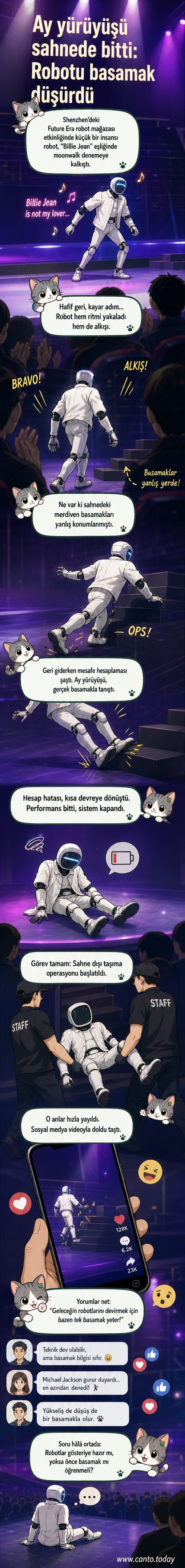 Bir insansı robot, sahnede Michael Jackson tarzı dans ederken dengesini kaybedip düşerken görülüyor. Arka planda 'Billie Jean' yazısı ve ışık efektleri var.