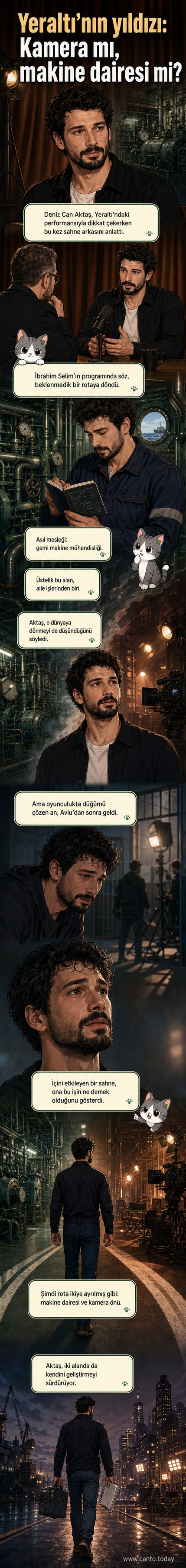 Deniz Can Aktaş, tiyatro sahnesinde bir anı canlandırırken, arkada gemi mühendisliği planları asılı.