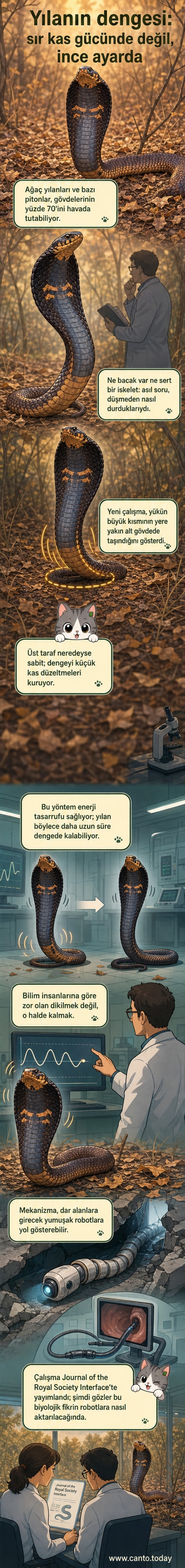 Bir ağaç yılanı, vücudunun büyük kısmını havaya kaldırarak dengede duruyor; alt gövdesiyle küçük kas hareketleri yaparak denge sağlıyor.