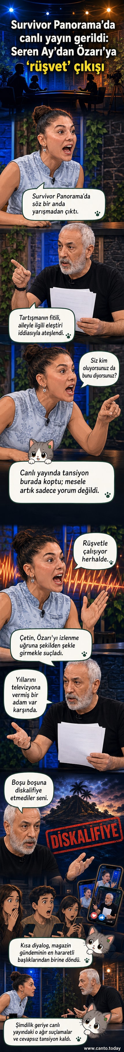 Seren Ay Çetin ve Murat Özarı'nın gergin bir şekilde karşı karşıya durduğu Survivor Panorama stüdyosu.