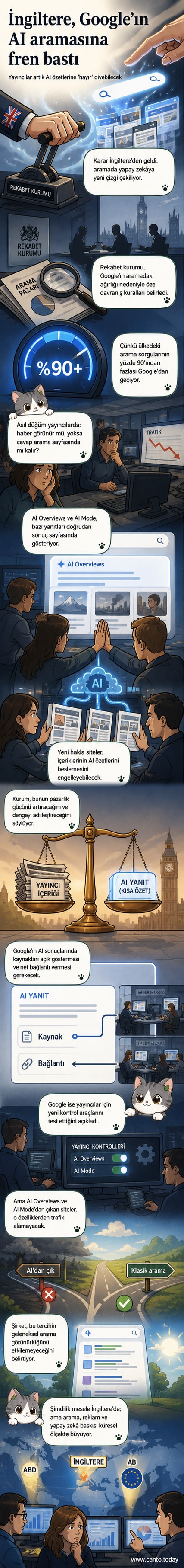 İngiltere bayrağı ve Google logosu arasında bir denge tartısı, arka planda yapay zekâ ikonları yer alıyor