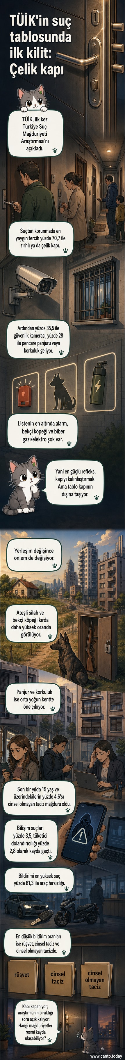 Bir evin önünde zırhlı çelik kapı, arka planda polis arabası ve güvenlik kamerası detayları olan bir görsel