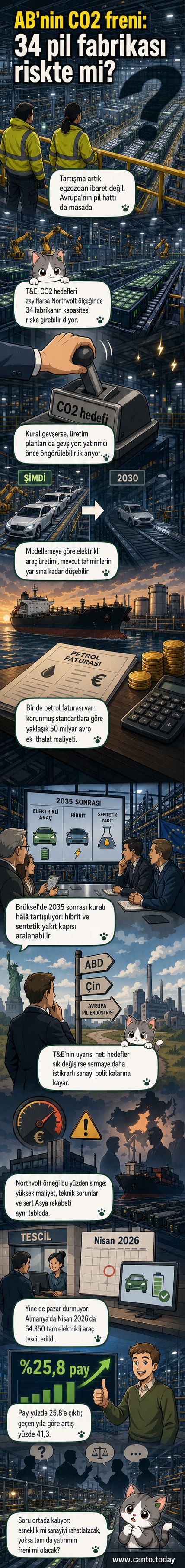 Bir elektrikli araba bataryasının üzerinde AB bayrağı ve CO2 emisyon hedeflerinin zayıflaması durumunda risk altında olan Avrupa pil endüstrisini gösteren görsel.