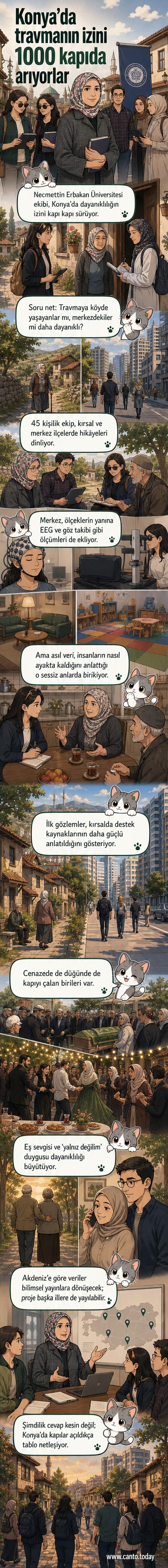 Bir araştırma ekibi, Konya'da bir mahallede yerel sakinlerle görüşüyor; arka planda geleneksel bir düğün evi ve cenaze evi görülüyor.