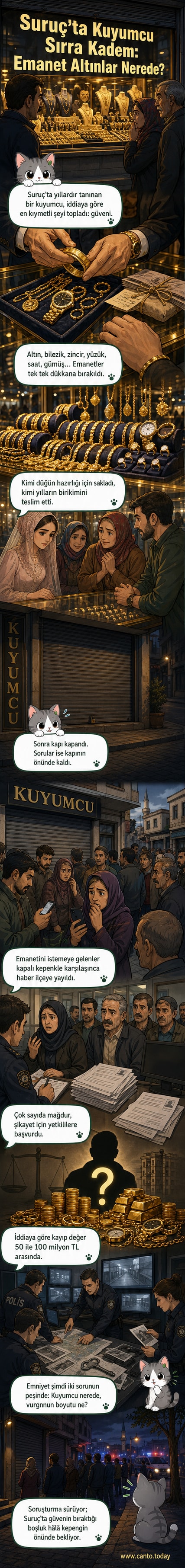 Kapalı bir kuyumcu dükkanının önünde duran iki kişi, elindeki altın kutusuyla mağdur bir müşteriye doğru dönmüş. Arka planda polis ekipleri görülüyor.