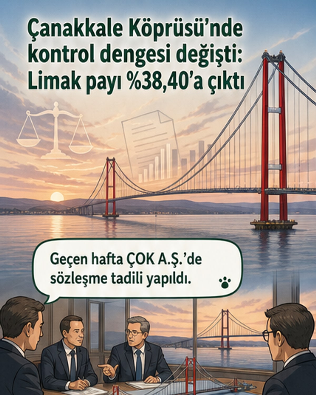 1915 Çanakkale Köprüsü'nün gece görüntüsü, köprü üzerinde ışıklarla aydınlatılmış kuleler ve araç geçişi görülüyor. Altta Limak logosu ve hisse oranları değişen dört ortaklık yapısı temsili grafik.