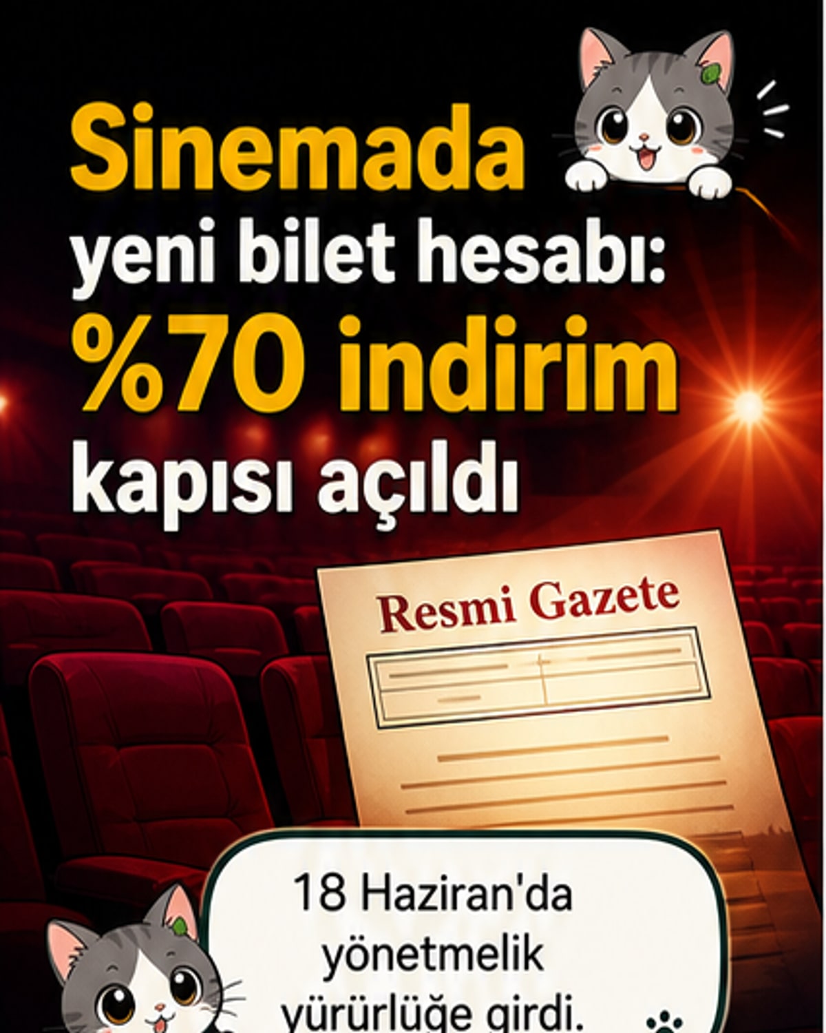 Bir sinema salonunun dış cephesi ve bilet gişesi, yeni bilet indirim duyurusu ile birlikte ışıklarla aydınlatılmış.